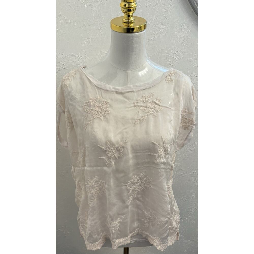 Angela Moda Sheer Silk Blend Floral Embroidered Top Size Large Italy Fairy Ivory